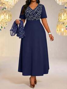 Fleurora Women's Plus Size Short Sleeve Textured Pattern Print Fitted Set Formal Wedding Guest Navy Blue Autumn Elegant Fall - Navy Blue - View 3