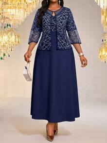 Fleurora Women's Plus Size Short Sleeve Textured Pattern Print Fitted Set Formal Wedding Guest Navy Blue Autumn Elegant Fall - Navy Blue - View 6