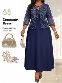 Fleurora Women's Plus Size Short Sleeve Textured Pattern Print Fitted Set Formal Wedding Guest Navy Blue Autumn Elegant Fall - Navy Blue - View 2