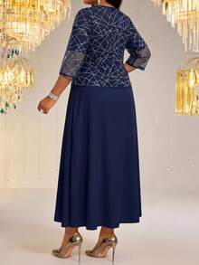 Fleurora Women's Plus Size Short Sleeve Textured Pattern Print Fitted Set Formal Wedding Guest Navy Blue Autumn Elegant Fall - Navy Blue - View 4