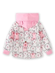 SHEIN 女童冬季外套 可愛卡通熊印花 羊羔絨內裡連帽外套 加厚保暖抓絨外套 舒適衣物 附耳朵設計 - 粉色 - 查看 2