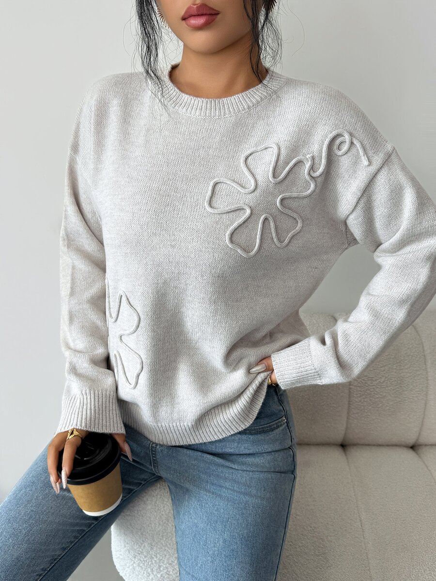 SHEIN Floral Pattern Drop Shoulder Sweater - Apricot - View 1