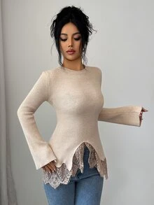 Elenzga Contrast Lace Asymmetrical Hem Sweater - Apricot - View 6