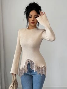 Elenzga Contrast Lace Asymmetrical Hem Sweater - Apricot - View 3