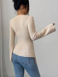Elenzga Contrast Lace Asymmetrical Hem Sweater - Apricot - View 2