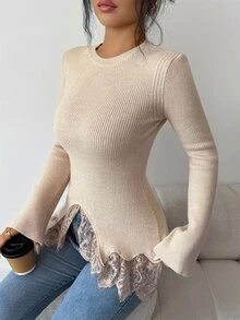 Elenzga Contrast Lace Asymmetrical Hem Sweater - Apricot - View 4