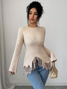 Elenzga Contrast Lace Asymmetrical Hem Sweater - Apricot - View 1