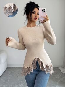 Elenzga Contrast Lace Asymmetrical Hem Sweater - Apricot - View 5
