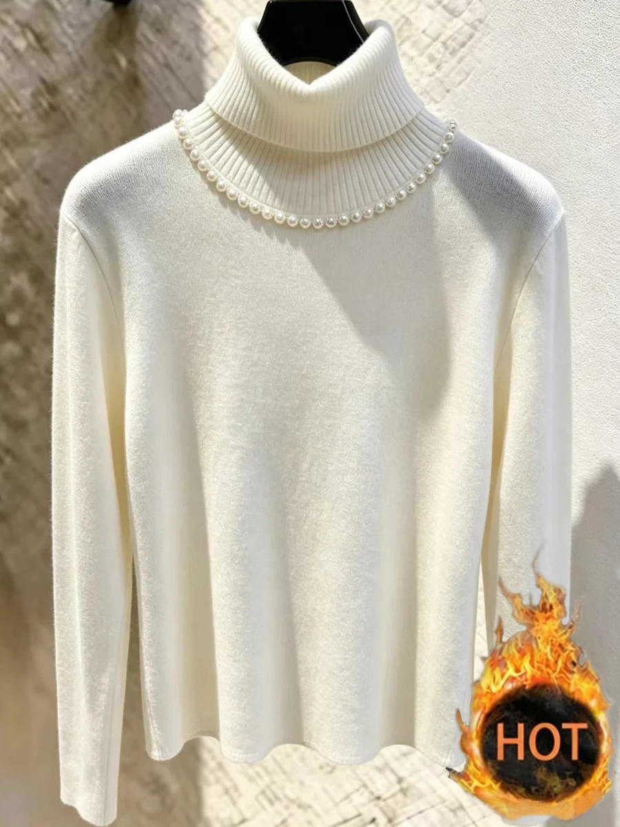 SHEIN Franclia 新款冬季保暖內裡百搭圓領長袖女款T恤 - 米色 - 查看 1
