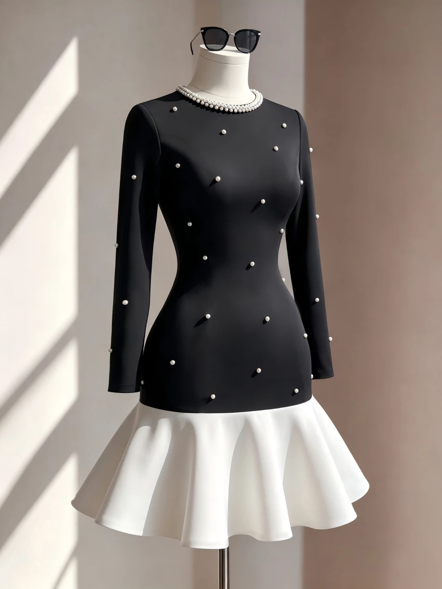 Fine & Folde Fall Women's Elegant French Round Neck Beaded Fitted ...