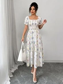 Elenzga 女款春夏方領抓皺短袖荷葉邊長洋裝，碎花圖案，適合日常休閒、上班、旅行、度假、海灘，波希米亞風、西式服飾、音樂節、田園鄉村風 - 彩色 - 查看 5