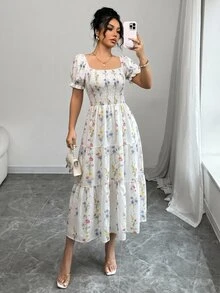 Elenzga 女款春夏方領抓皺短袖荷葉邊長洋裝，碎花圖案，適合日常休閒、上班、旅行、度假、海灘，波希米亞風、西式服飾、音樂節、田園鄉村風 - 彩色 - 查看 6