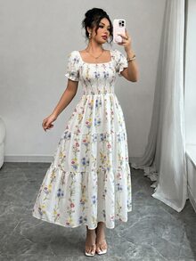Elenzga 女款春夏方領抓皺短袖荷葉邊長洋裝，碎花圖案，適合日常休閒、上班、旅行、度假、海灘，波希米亞風、西式服飾、音樂節、田園鄉村風 - 彩色 - 查看 3
