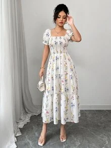 Elenzga 女款春夏方領抓皺短袖荷葉邊長洋裝，碎花圖案，適合日常休閒、上班、旅行、度假、海灘，波希米亞風、西式服飾、音樂節、田園鄉村風 - 彩色 - 查看 4