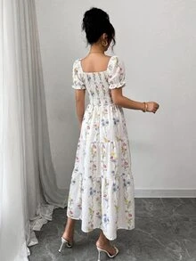 Elenzga 女款春夏方領抓皺短袖荷葉邊長洋裝，碎花圖案，適合日常休閒、上班、旅行、度假、海灘，波希米亞風、西式服飾、音樂節、田園鄉村風 - 彩色 - 查看 2