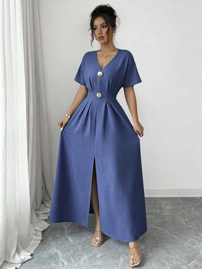 Elenzga Vestido largo de manga corta con cuello en V y cintura ajustada con botones de metal con forma de concha, atuendo elegante para vacaciones, ropa de verano para vacaciones, ropa de vacaciones, atuendo para la temporada de carnaval, vestido de carnaval, vestido casual de vacaciones para mujer, vestido de verano, nuevo atuendo de verano, ropa de verano, vestido de playa, atuendo de playa, ropa de playa, vestido de playa de arena, atuendo de playa de arena, ropa de playa para mujer, vestido elegante para fiestas, vestido romántico, vestido caqui, vestido para reuniones, vestido para citas, vestido para invitada de boda