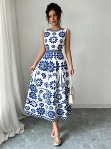 Elenzga 時尚無袖白色花卉女款洋裝，適合婚禮、花園派對、早午餐，夏季浪漫優雅風 - 藍色 - 查看 3