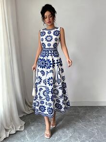 Elenzga 時尚無袖白色花卉女款洋裝，適合婚禮、花園派對、早午餐，夏季浪漫優雅風 - 藍色 - 查看 6