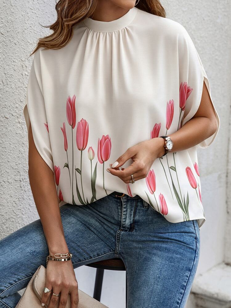 Omancia Women's Standard Size Spring/Summer Lace-Up Stand Collar Batwing Sleeve Leaf Multi-Color Print Loose Casual Vacation Blouse - Multicolor - View 7