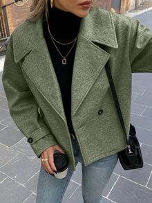 SHEIN LUNE 女款大翻領裝飾鈕扣長袖羊毛混紡外出夜穿橄欖綠秋季休閒優雅秋冬款 - 軍綠色 - 查看 3