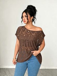 Elenzga Summer New Lace Sheer Sexy Fashion Women's T-Shirt - Brown - View 4