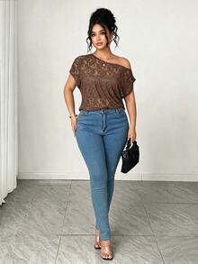 Elenzga Summer New Lace Sheer Sexy Fashion Women's T-Shirt - Brown - View 7