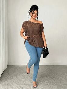 Elenzga Summer New Lace Sheer Sexy Fashion Women's T-Shirt - Brown - View 6