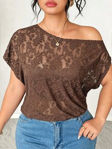 Elenzga Summer New Lace Sheer Sexy Fashion Women's T-Shirt - Brown - View 3