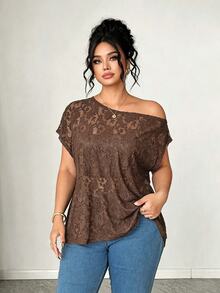 Elenzga Summer New Lace Sheer Sexy Fashion Women's T-Shirt - Brown - View 5