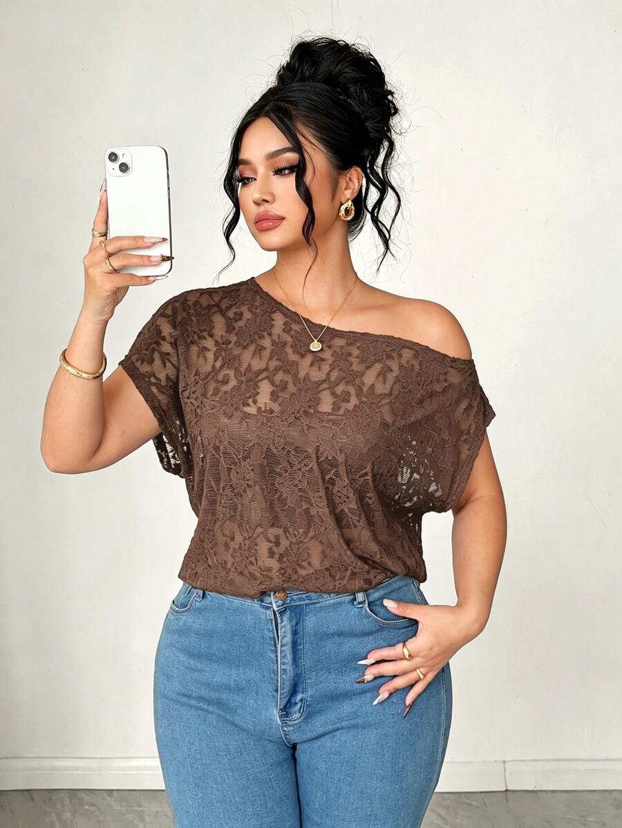 Elenzga Summer New Lace Sheer Sexy Fashion Women's T-Shirt - Brown - View 1