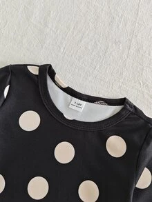 SHEIN 3件組女嬰T恤套裝 可愛甜美黑色奶油波點印花長袖圓領標準版 生日派對秋季萬聖節公主風漂亮 - 黑與白 - 查看 4