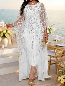 Fleurora Women's Plus Size White Long Dress With Glittering Leaf Pattern Sheer Overlay Perfect For Special Occasions And Receptions - White - View 6