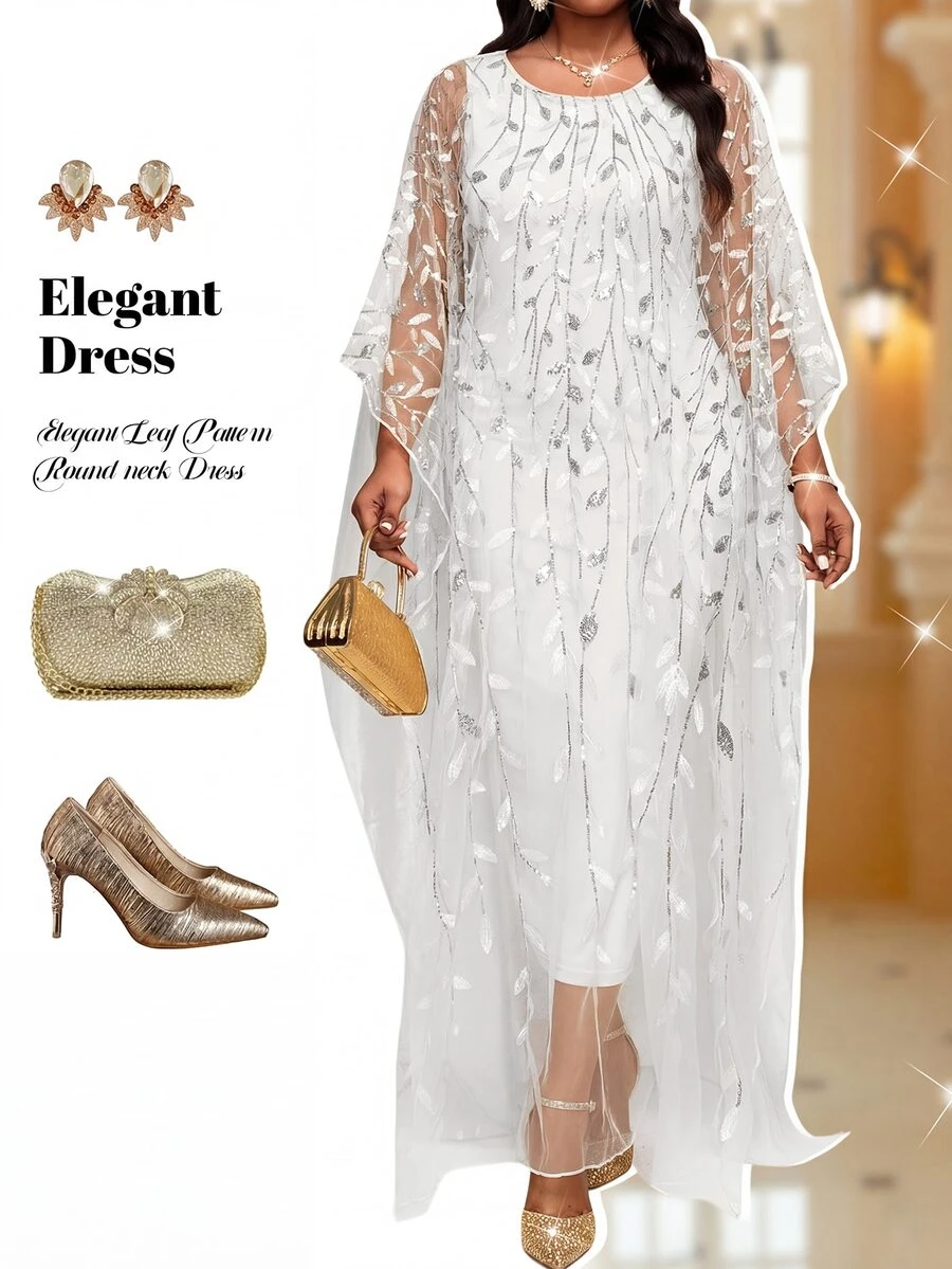 Fleurora Women's Plus Size White Long Dress With Glittering Leaf Pattern Sheer Overlay Perfect For Special Occasions And Receptions - White - View 1