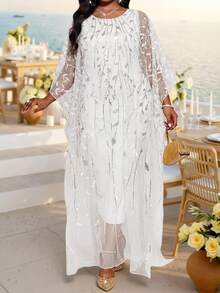 Fleurora Women's Plus Size White Long Dress With Glittering Leaf Pattern Sheer Overlay Perfect For Special Occasions And Receptions - White - View 5