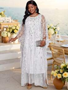 Fleurora Women's Plus Size White Long Dress With Glittering Leaf Pattern Sheer Overlay Perfect For Special Occasions And Receptions - White - View 3