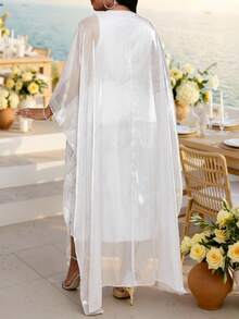 Fleurora Women's Plus Size White Long Dress With Glittering Leaf Pattern Sheer Overlay Perfect For Special Occasions And Receptions - White - View 2