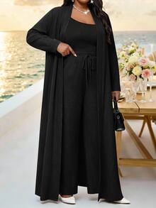 Fleurora 大尺碼女款純色長袖長版開襟外套與寬腿褲休閒兩件套 - 黑色 - 查看 3