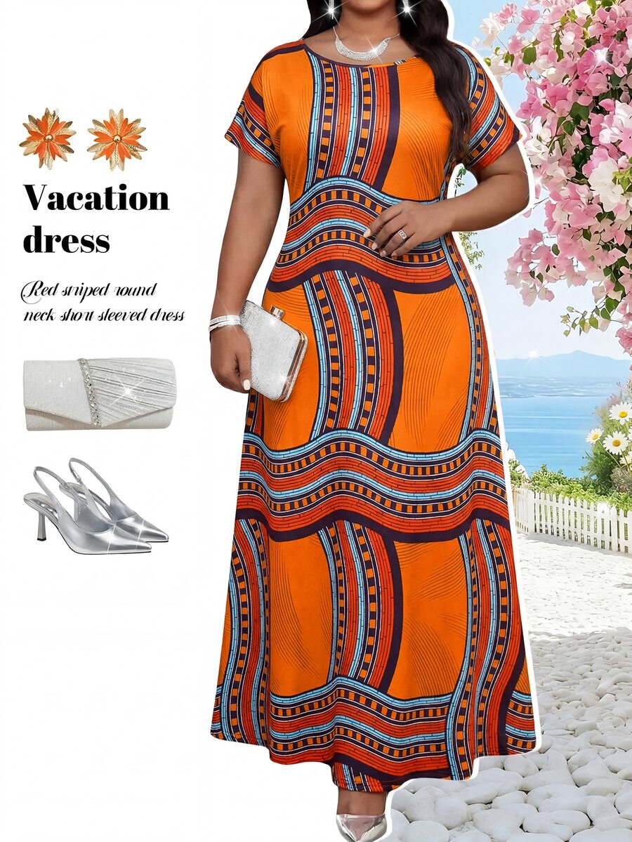 Fleurora Plus Size Geometric Print Fashion Vacation Dress - Orange - View 1