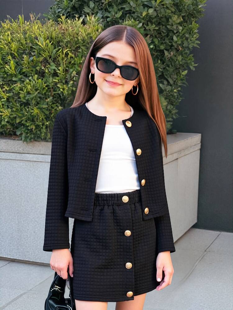 SHEIN NovaGlow Tween Girls Casual Everyday Commute Knit Textured Black Jacket Set - Black - View 1