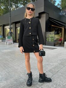 SHEIN NovaGlow Tween Girls Casual Everyday Commute Knit Textured Black Jacket Set - Black - View 4