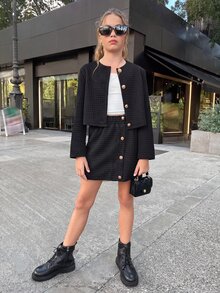 SHEIN NovaGlow Tween Girls Casual Everyday Commute Knit Textured Black Jacket Set - Black - View 3
