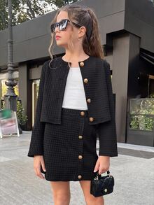 SHEIN NovaGlow Tween Girls Casual Everyday Commute Knit Textured Black Jacket Set - Black - View 5