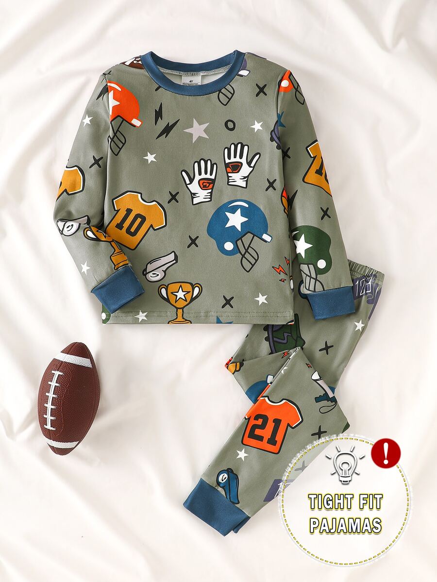 2pcs/Set Young Boys Knit Round Neck Long Sleeve Pants Tight Fit Set, Olive Green Football Element Print Pattern, Simple Casual Comfortable Soft Loungewear, All Season - Green - View 1
