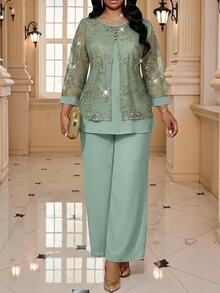 Fleurora Plus Size Elegant Casual Party Formal Business Mother Of The Bride Wedding Lace Patchwork Top And Pants 2 Pieces Set Sage Green Summer Olive Green - Mint Green - View 6