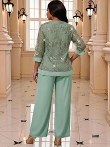 Fleurora Plus Size Elegant Casual Party Formal Business Mother Of The Bride Wedding Lace Patchwork Top And Pants 2 Pieces Set Sage Green Summer Olive Green - Mint Green - View 2