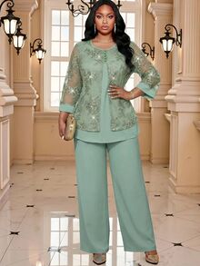 Fleurora Plus Size Elegant Casual Party Formal Business Mother Of The Bride Wedding Lace Patchwork Top And Pants 2 Pieces Set Sage Green Summer Olive Green - Mint Green - View 3
