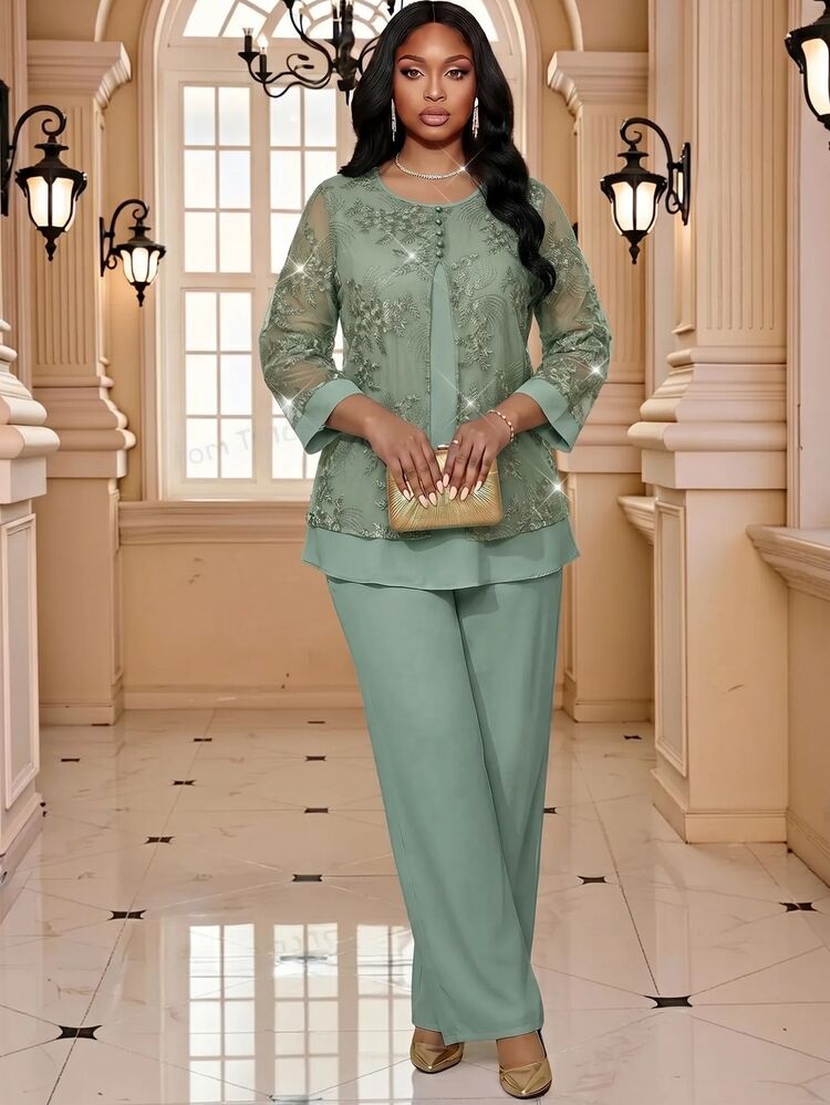 Fleurora Plus Size Elegant Casual Party Formal Business Mother Of The Bride Wedding Lace Patchwork Top And Pants 2 Pieces Set Sage Green Summer Olive Green - Mint Green - View 4