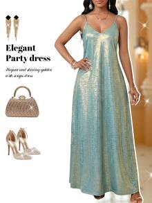 Fleurora Plus Size Mint Green Light Blue,Summer,Elegant,Night Out Club Metallic Shimmering Spaghetti Strap Sleeveless Long Wedding Guest Dress For Women Party - Baby Blue - View 1