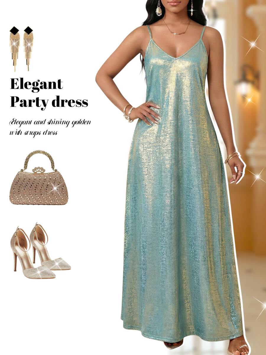 Fleurora Plus Size Mint Green Light Blue,Summer,Elegant,Night Out Club Metallic Shimmering Spaghetti Strap Sleeveless Long Wedding Guest Dress For Women Party - Baby Blue - View 1