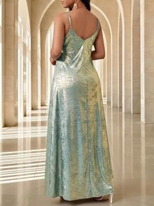Fleurora Plus Size Mint Green Light Blue,Summer,Elegant,Night Out Club Metallic Shimmering Spaghetti Strap Sleeveless Long Wedding Guest Dress For Women Party - Baby Blue - View 2